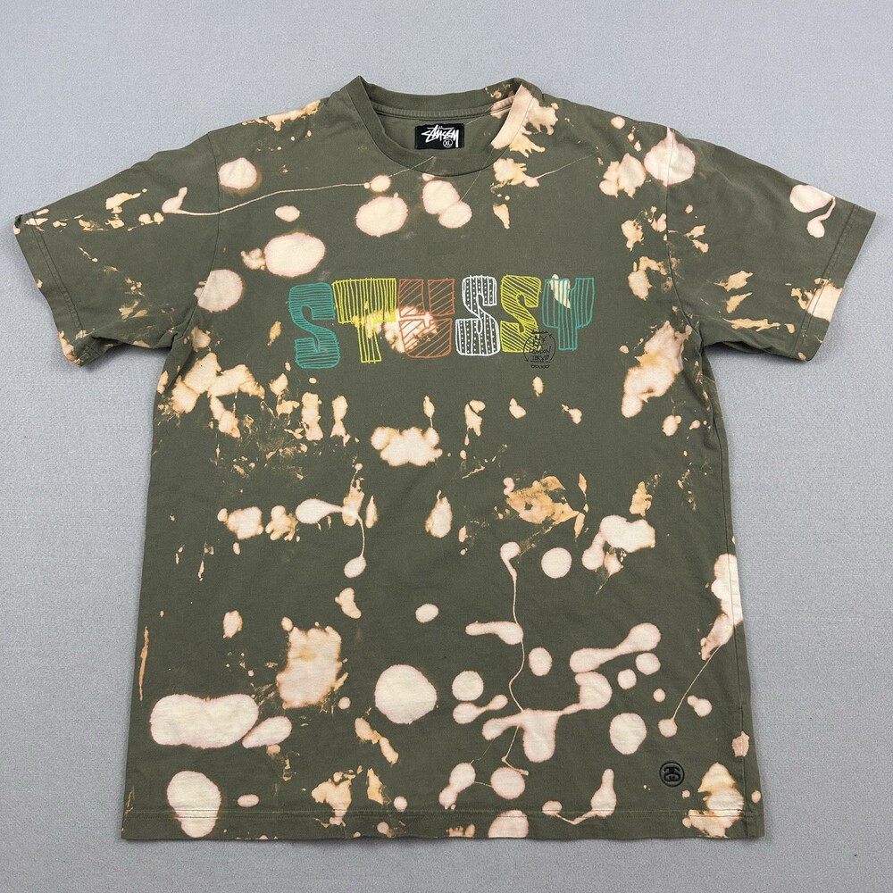 Stussy Shirt Men Extra Large Green Bleach Splatter Distress Graphic Tee Crew XL